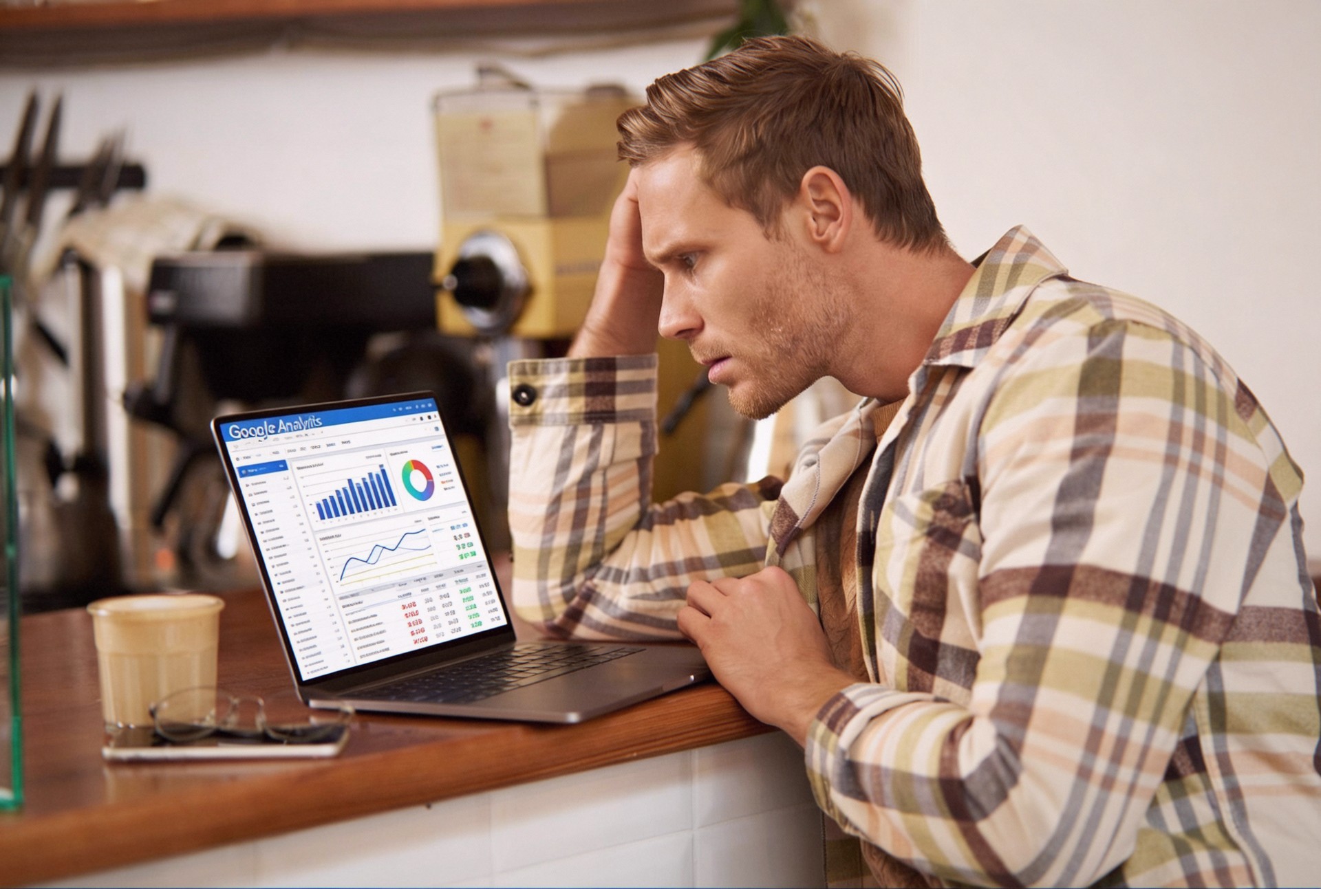 Confused business owner looking at complex data on screen