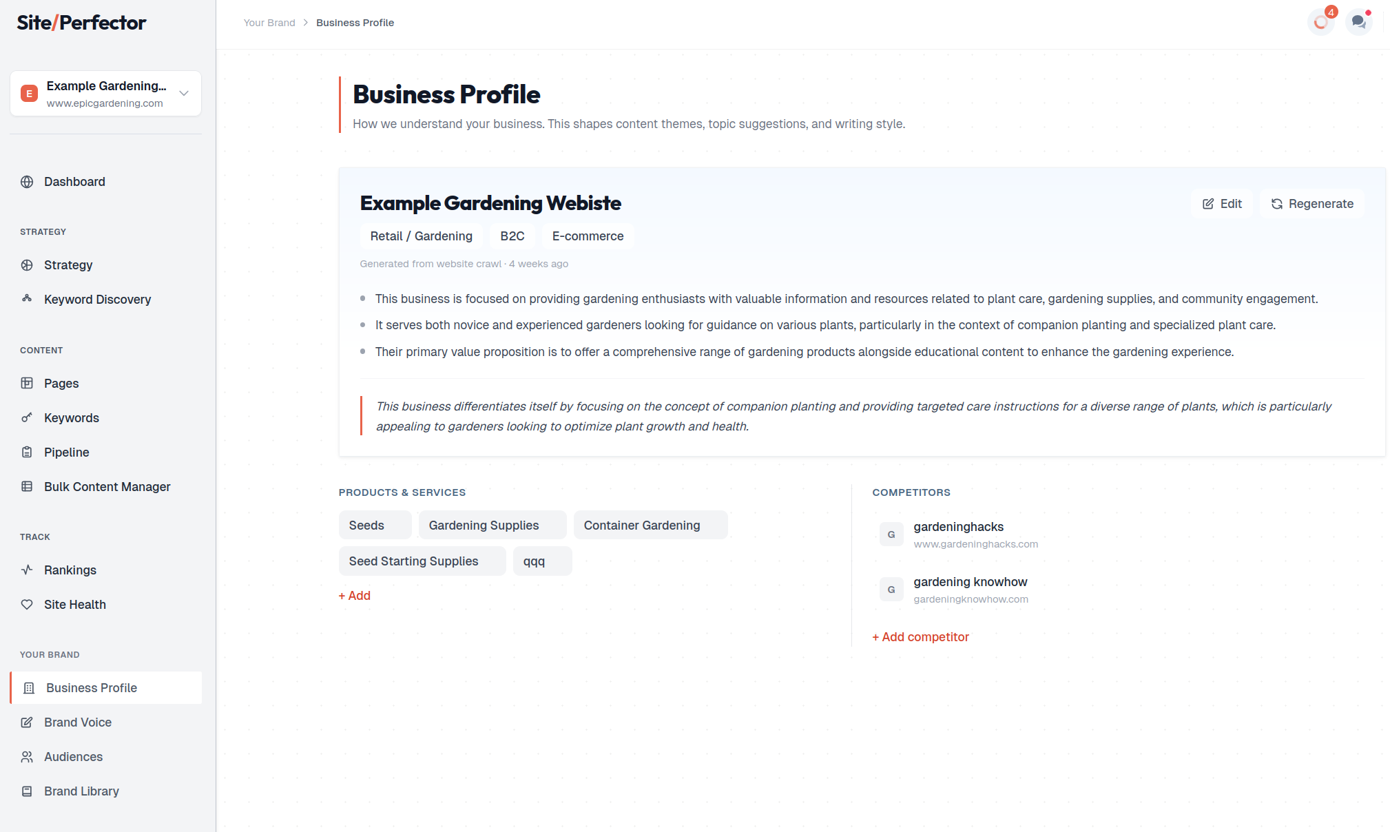 Business Profile — auto-extracted understanding of your business