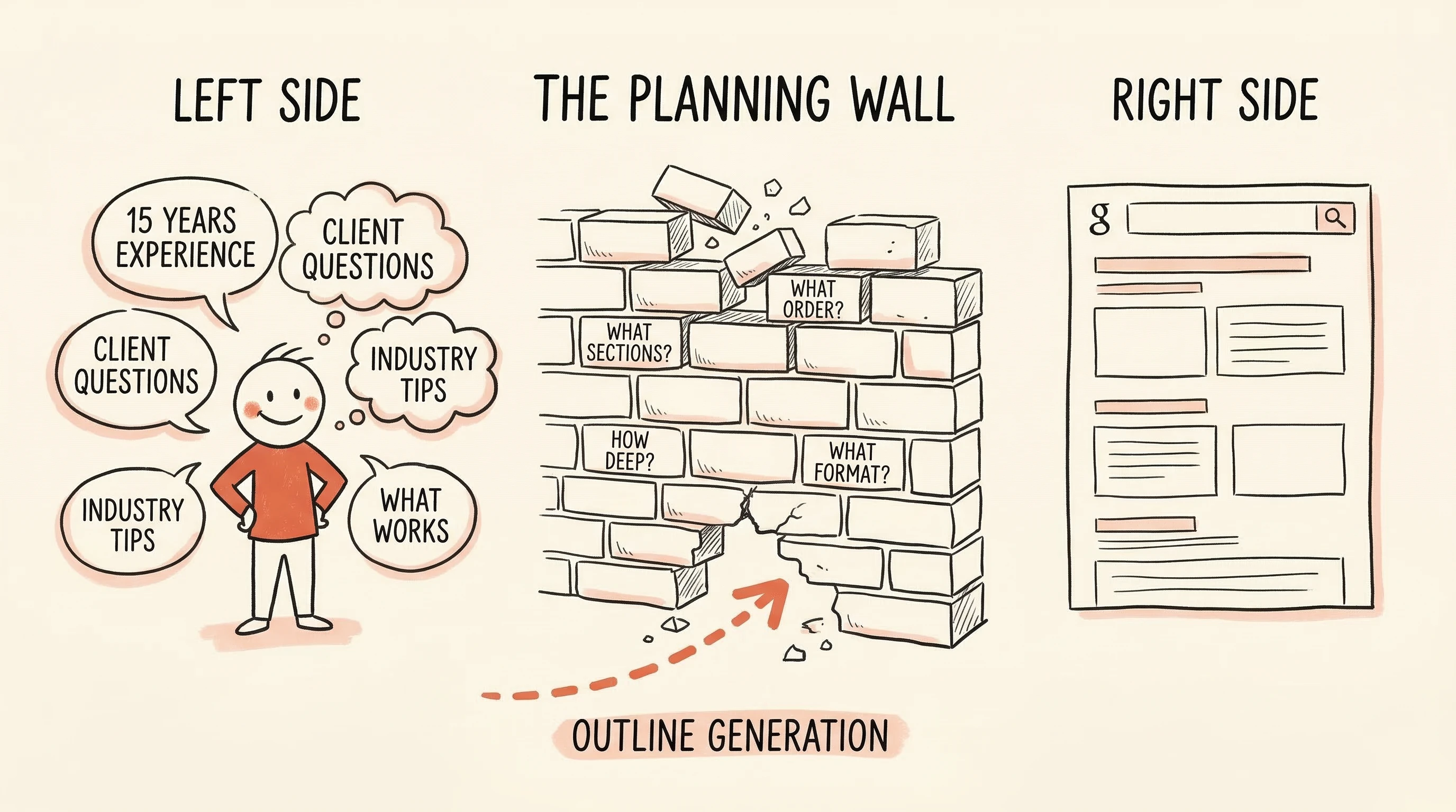 The planning wall — expertise on one side, structured web content on the other