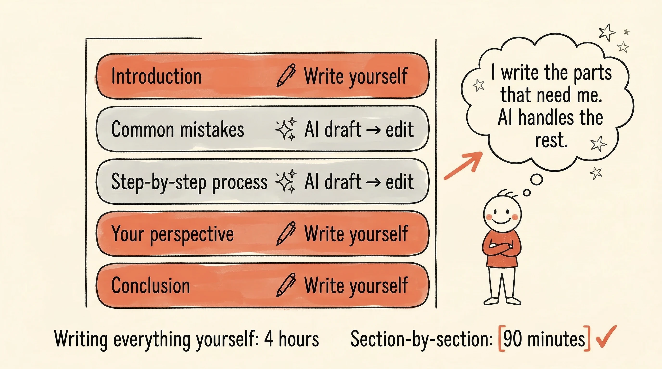 An article split into 5 sections &mdash; 2 marked "write yourself" in coral, 3 marked "AI draft + edit" in gray