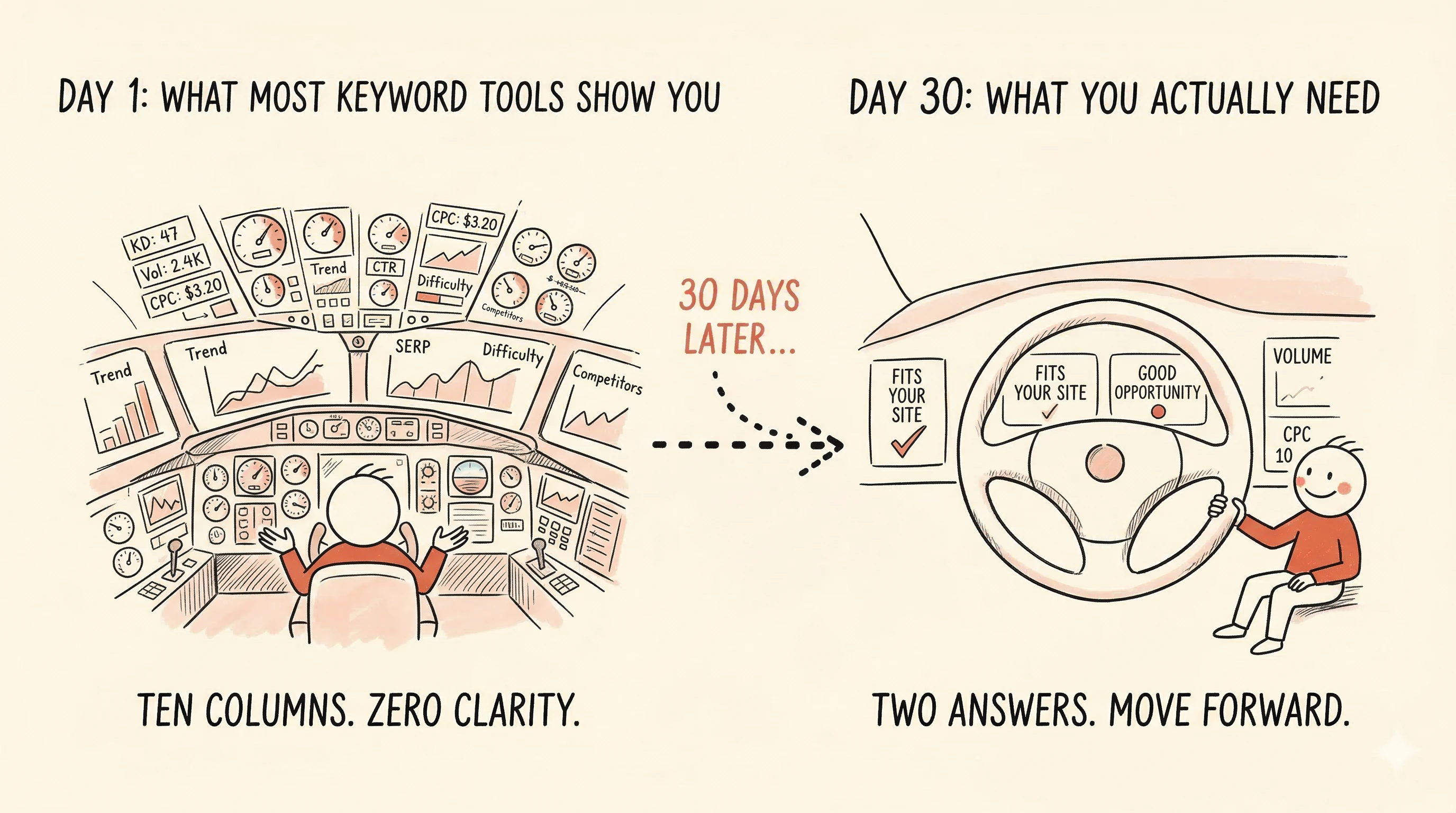A cockpit dashboard with dozens of dials versus a simple steering wheel with two indicators