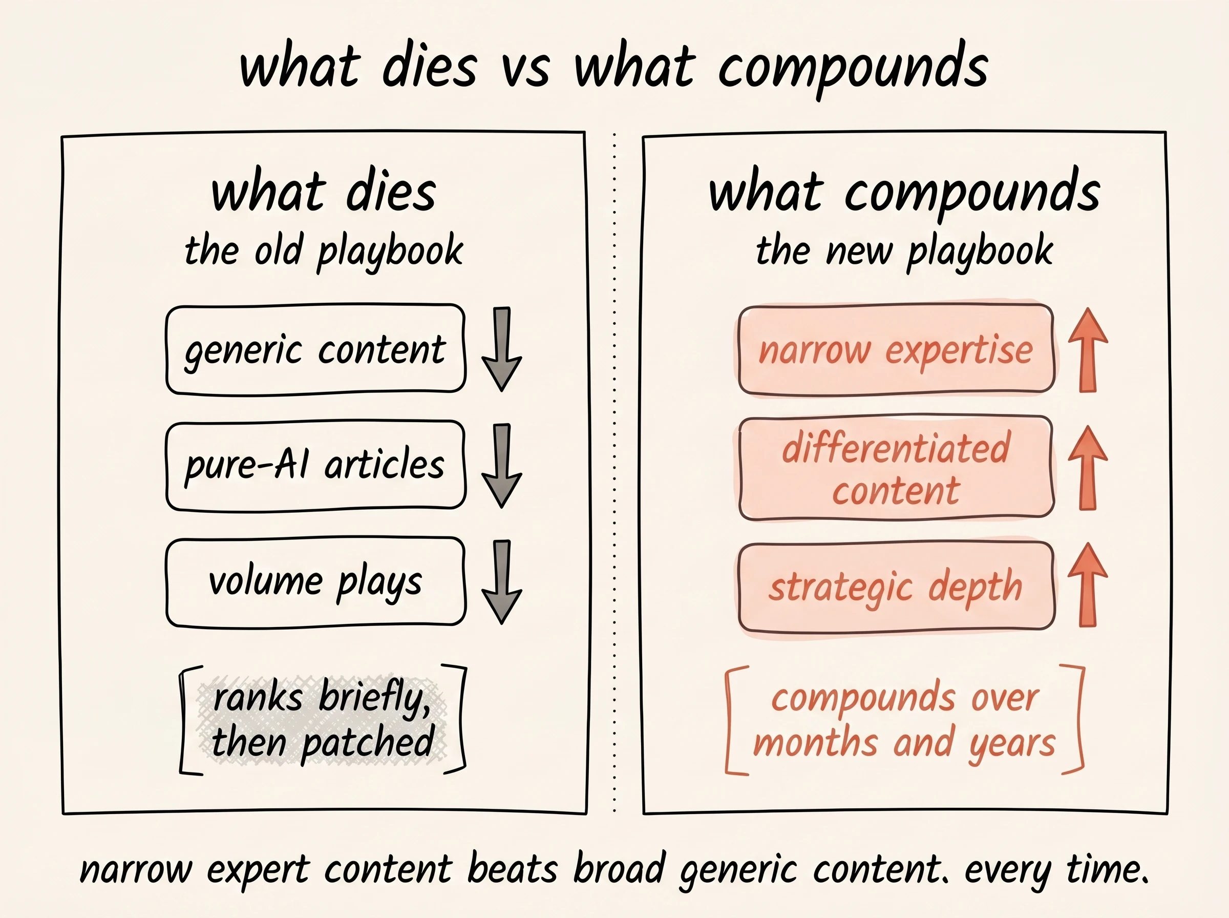 Side-by-side comparison. Left: "what dies" (the old playbook) with three charcoal blocks listed vertically (generic content, pure-AI articles, volume plays), each with a downward arrow, and a bracketed annotation "ranks briefly, then patched." Right: "what compounds" (the new playbook) with three coral-washed blocks (narrow expertise, differentiated content, strategic depth), each with a coral upward arrow, and a coral annotation "compounds over months and years." Caption: narrow expert content beats broad generic content. every time.