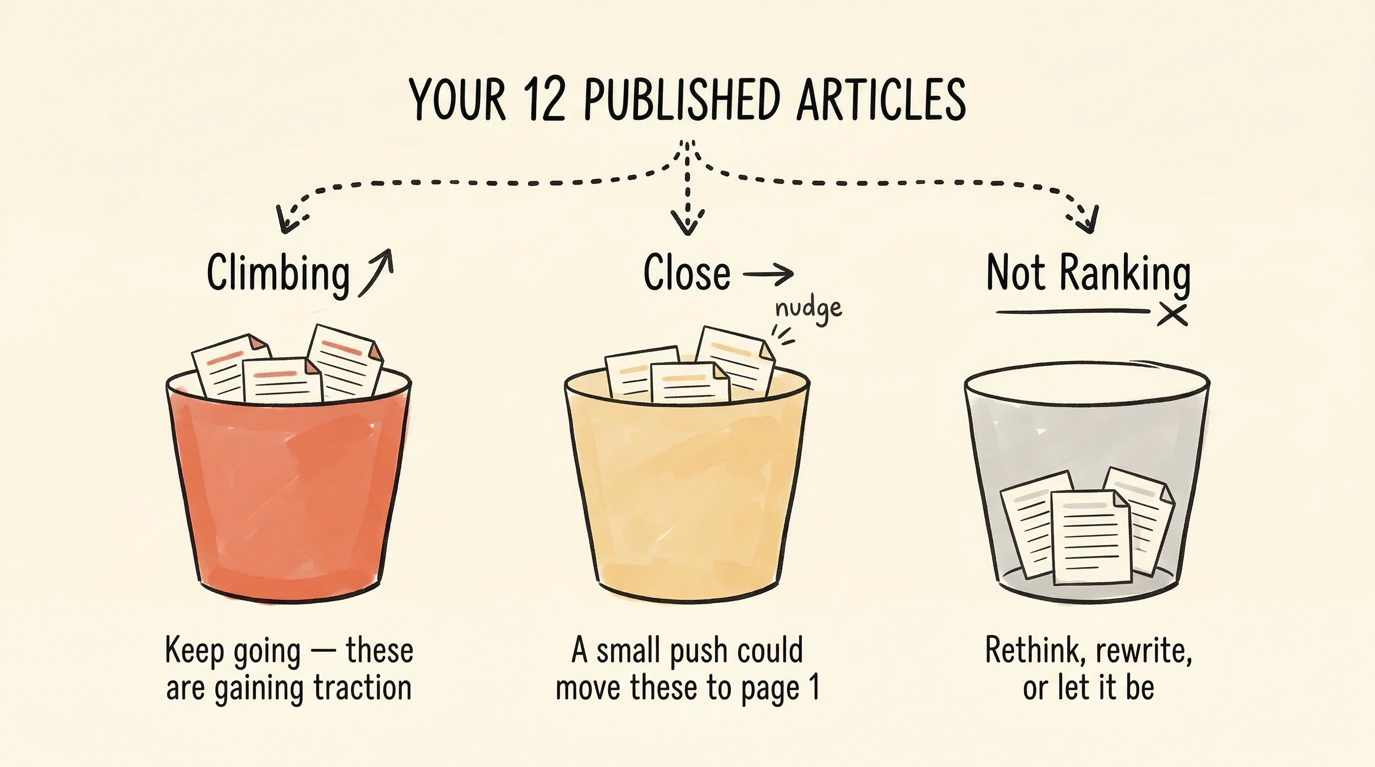 Three buckets &mdash; performing, close, and invisible &mdash; sorting your content by what to do next