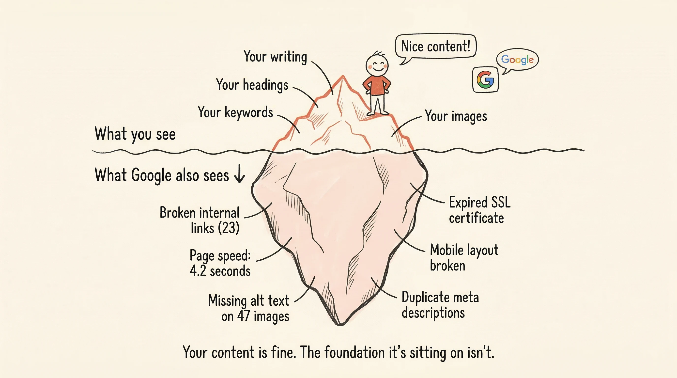 The iceberg &mdash; your content is visible, but technical health underneath determines where it ranks