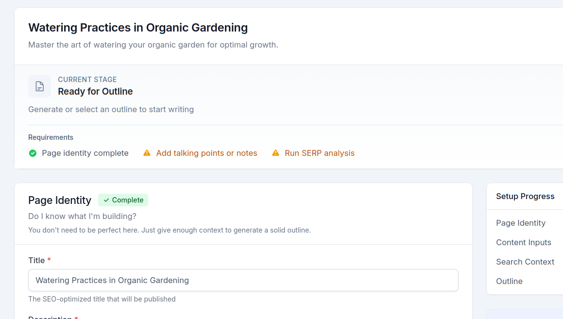 SitePerfector — generated outline with sections based on top-ranking pages