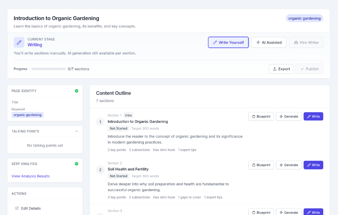 Example page outline generated from real SERP data and content plan