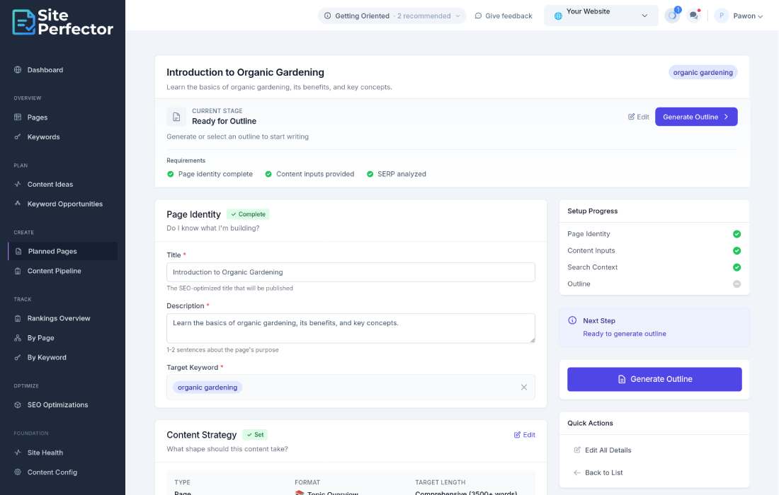 Planned page in planning stage