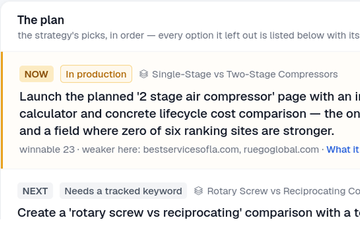 SitePerfector plan: the next pages to build, in order, with the weaker ranking sites named