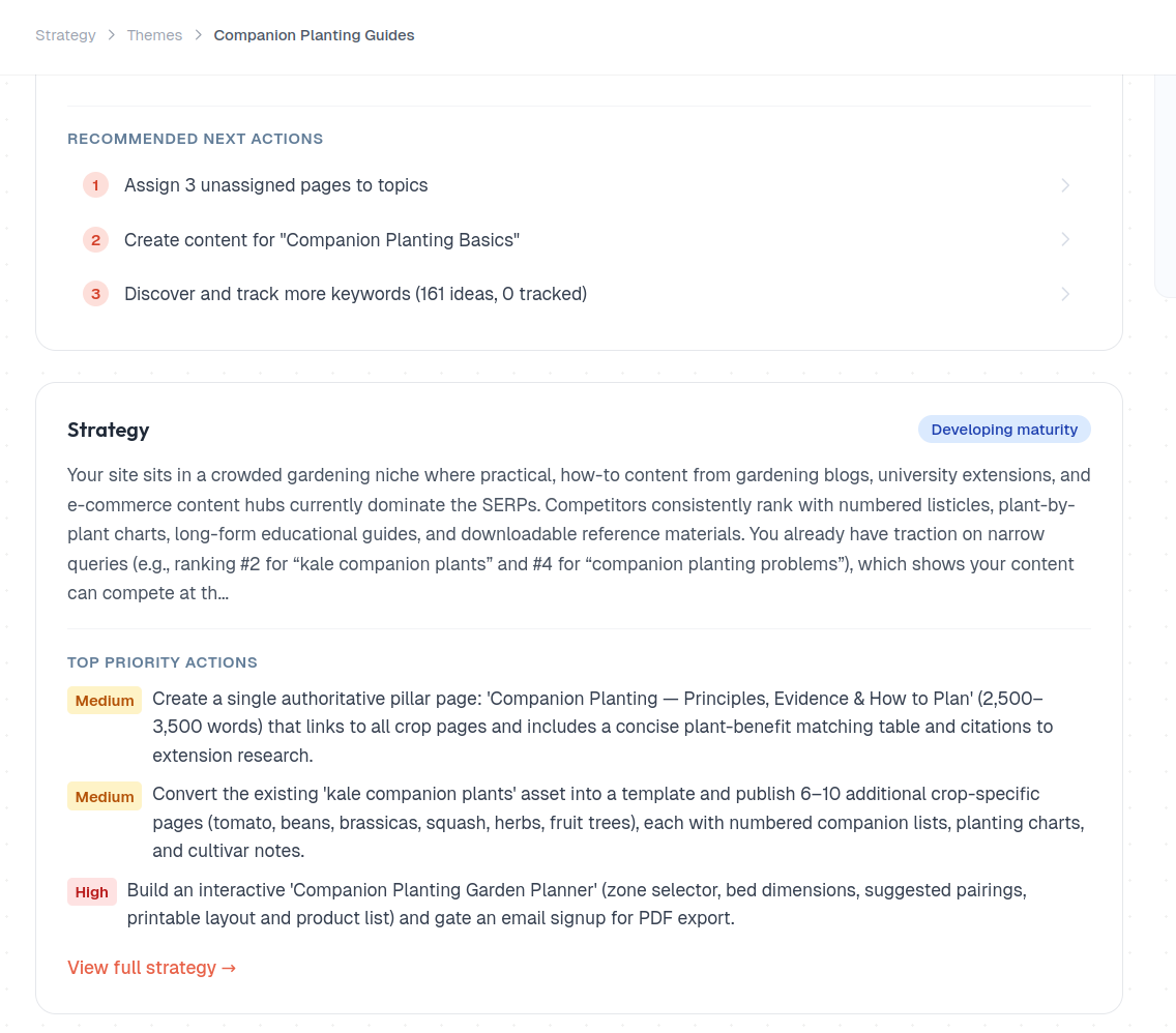 Content theme strategy with priority actions